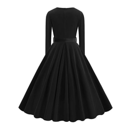 Women's 1950s Velvet V-Neck Long Sleeve Swing Dress