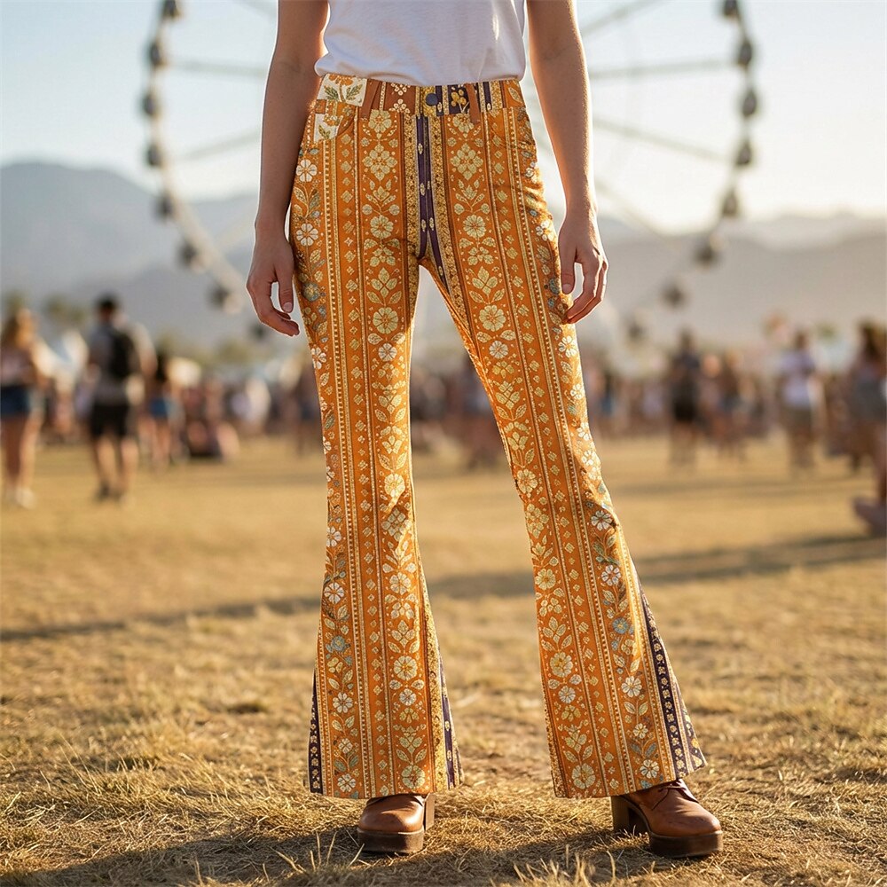 Retro 70s Floral Striped High Waist Wide Flared Trousers