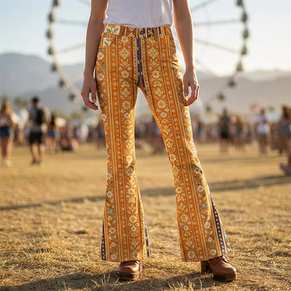 Retro 70s Floral Striped High Waist Wide Flared Trousers