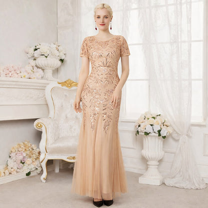 Short Sleeve Sequin Embellished Mesh Gown