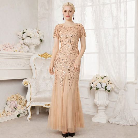 Short Sleeve Sequin Embellished Mesh Gown