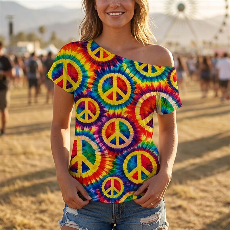 Retro 70s Peace Symbol Tie-Dye One Shoulder Short Sleeves T-shirt