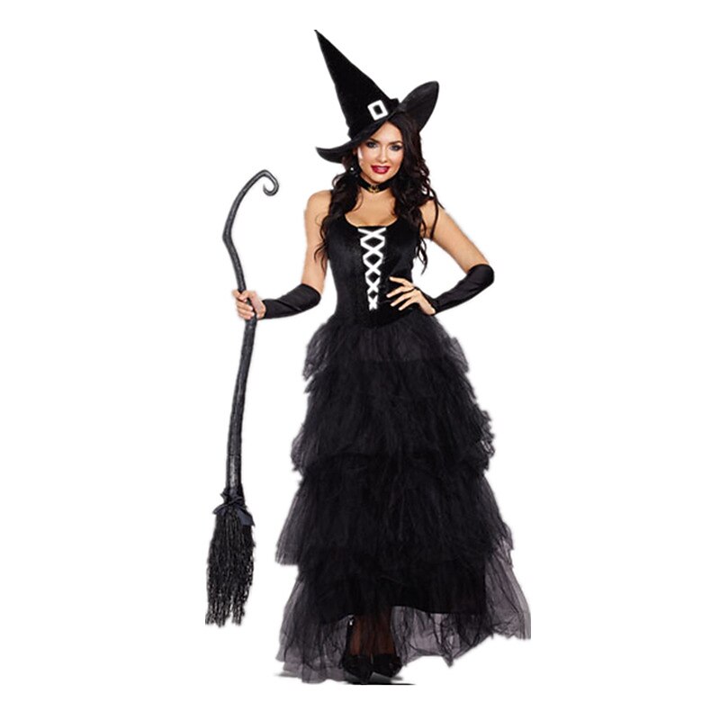 Black Witch Costume Long Tiered Tulle Dress with Hat Gloves