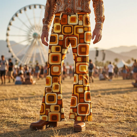 Retro 70s Geometric Square High Waist Wide Flared Trousers