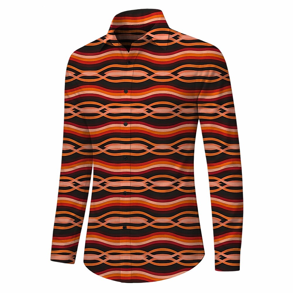Retro 70S Wavy Geometric Stripe Pattern Long Sleeves Collar Shirt