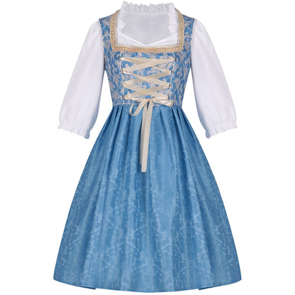Oktoberfest Costume Blue Dirndl Dress with Blouse and Lace Apron