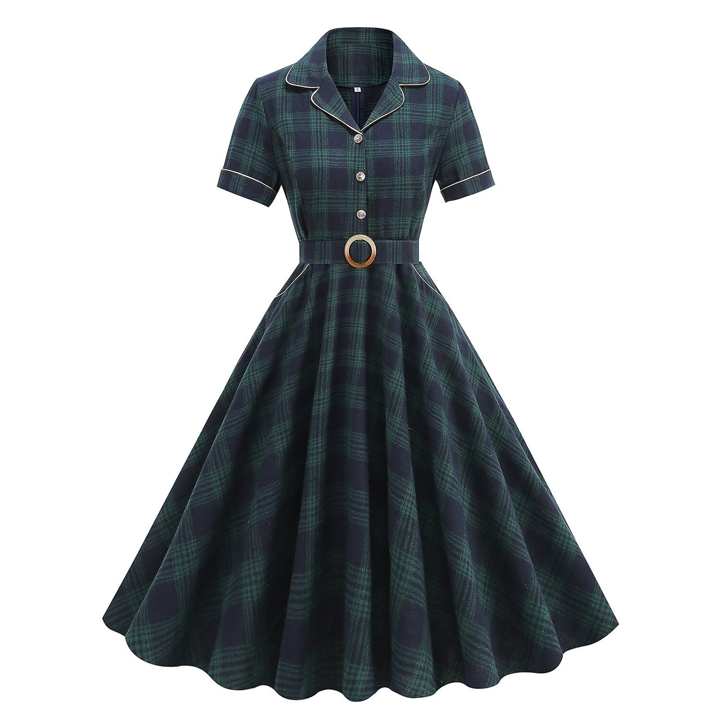 Women's 1950s Plaid Lapel Collar Swing Dress