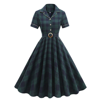 Women's 1950s Plaid Lapel Collar Swing Dress
