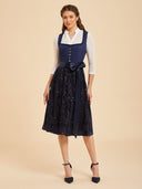 Navy Blue Midi Dirndl Dress with Sequin Embroidered Apron