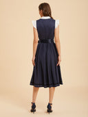 Navy Blue Midi Dirndl Dress with Satin Apron & Pockets