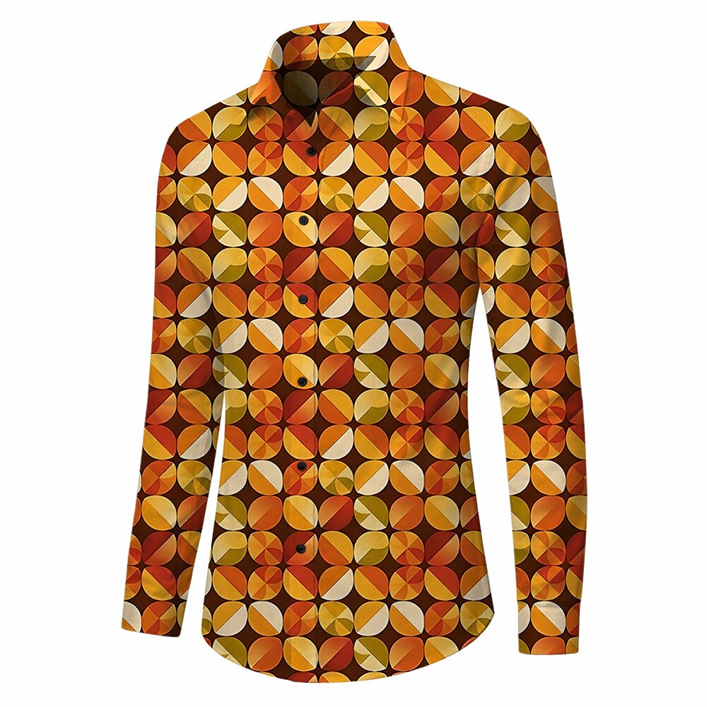 Retro 70S Geometric Citrus Slice Pattern Long Sleeves Collar Shirt