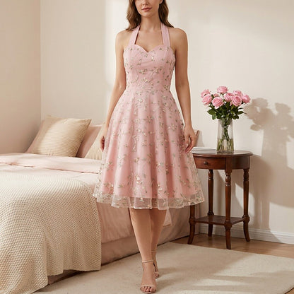 Floral Embroidered Halter Midi Dress