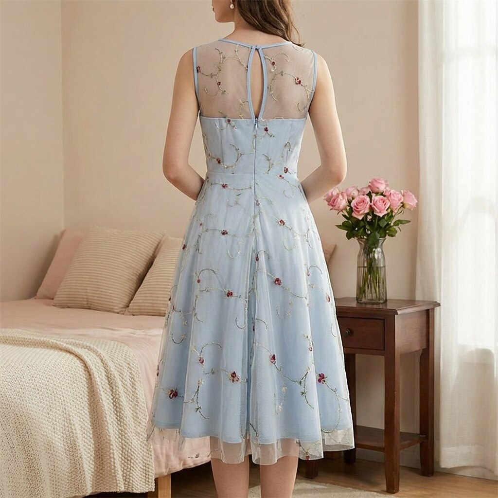 Embroidered Floral Tulle Midi Dress