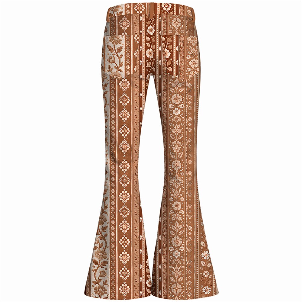 Retro 70s Ethnic Floral Striped High Waist Wide Flared Trousers