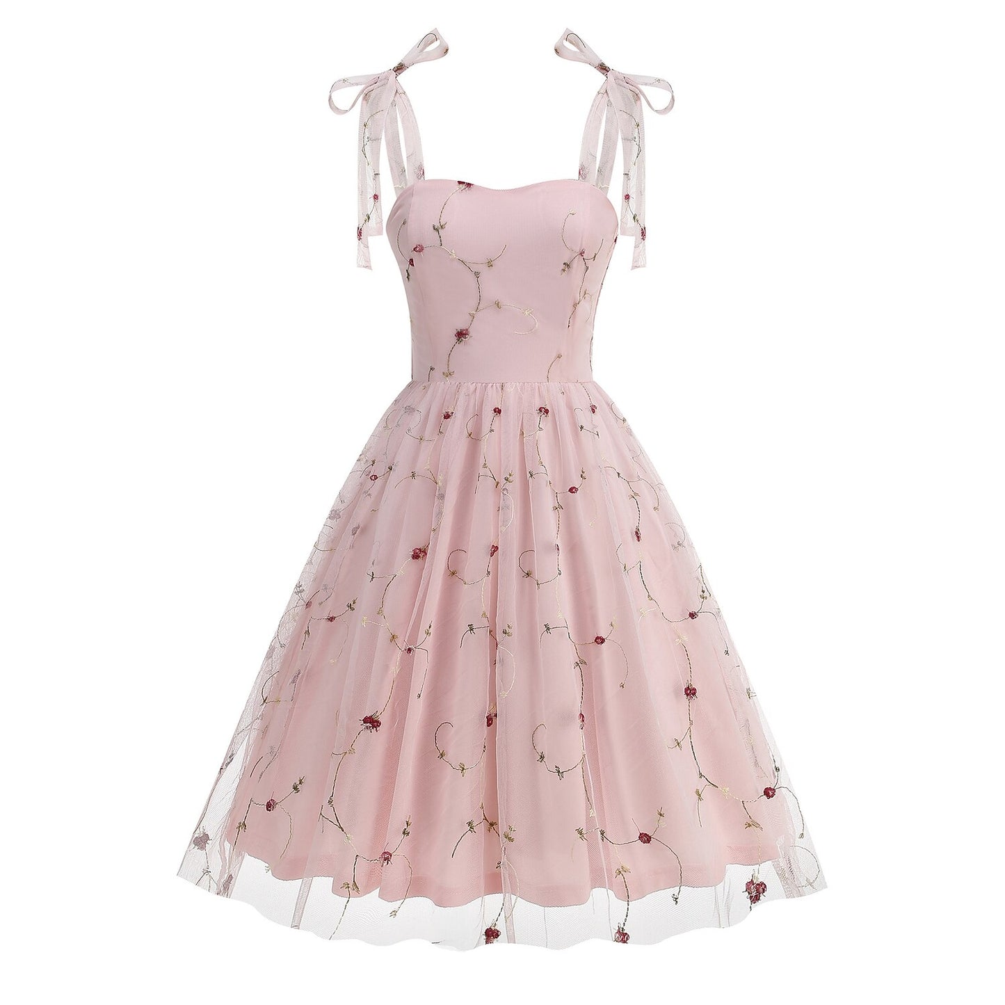 Embroidered Tie Strap Midi Dress