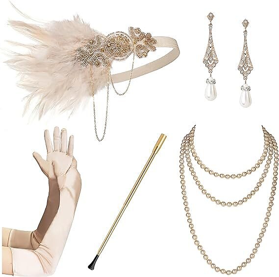 5Pcs 1920s Beige Accessories Set