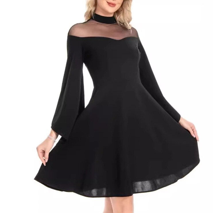 Women's 1950s High Neck Bell Sleeve A-Line Dress