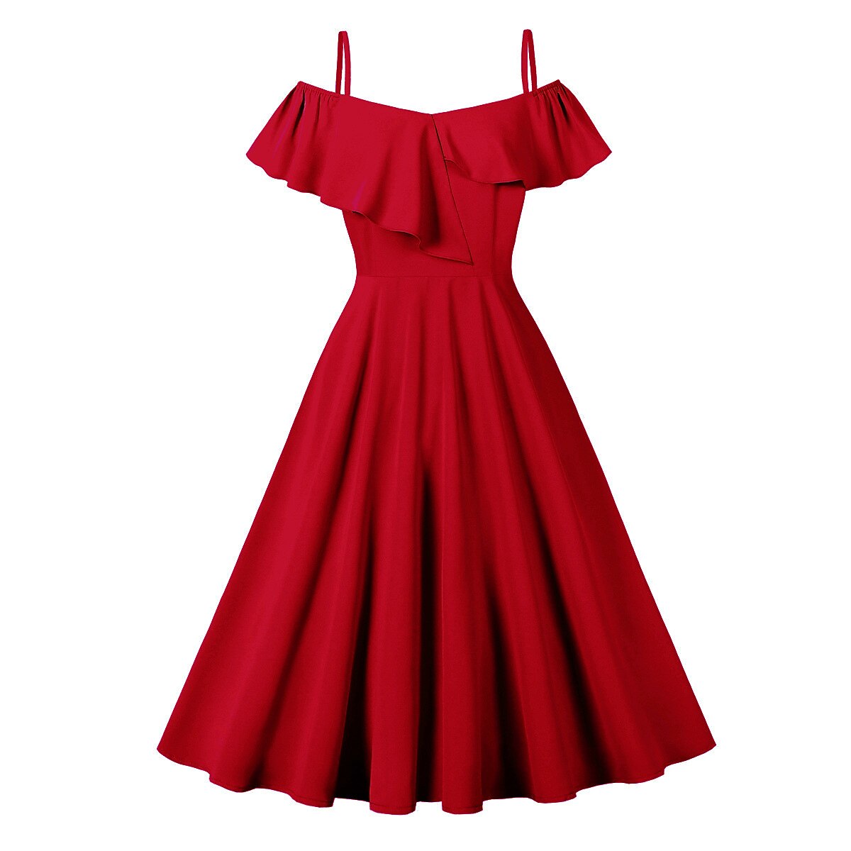 Women's 1950s Off the Shoulder Ruffle A-Line Dress