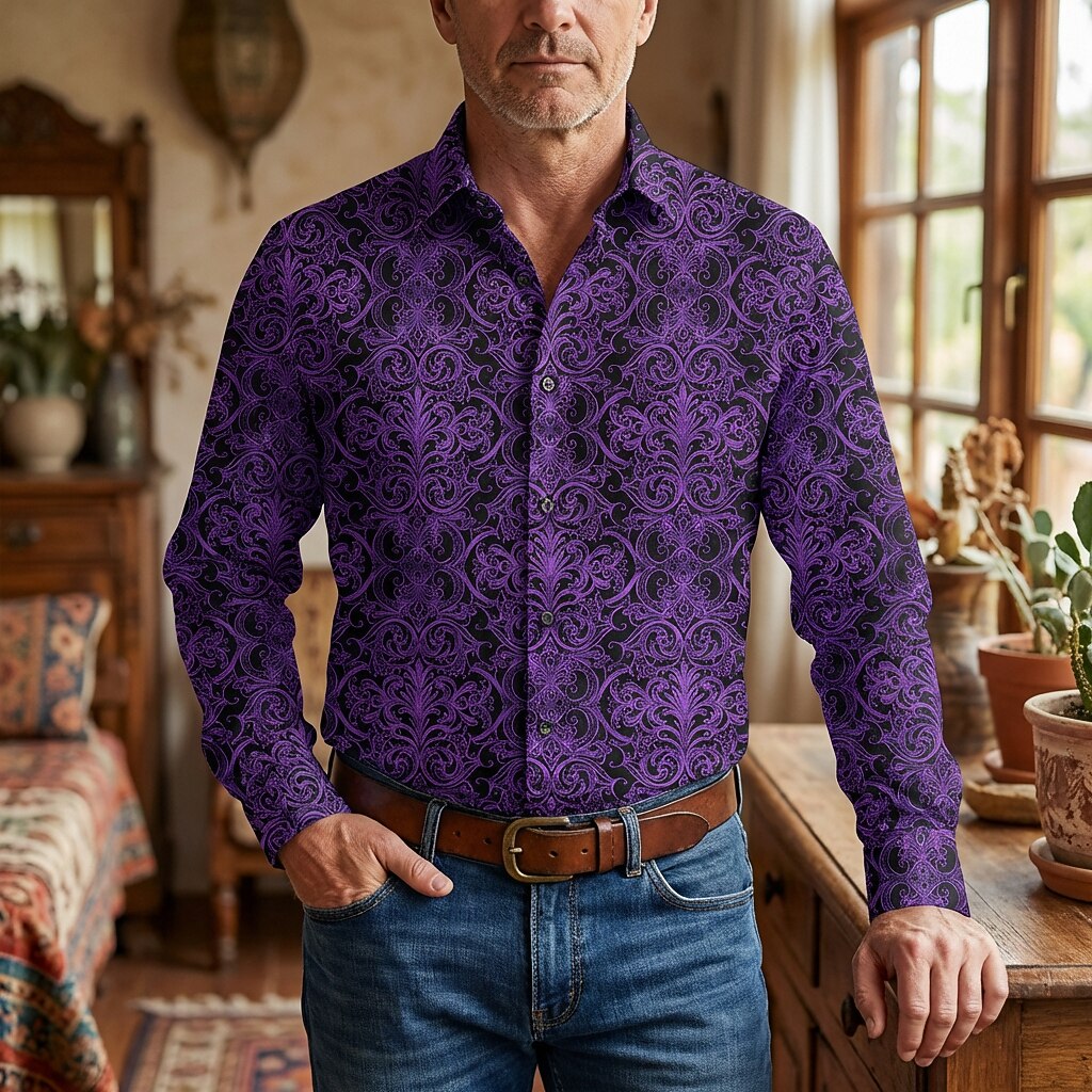 Retro 70S Vintage Ornate Baroque Pattern Long Sleeves Collar Shirt