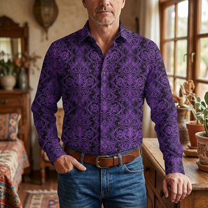 Retro 70S Vintage Ornate Baroque Pattern Long Sleeves Collar Shirt
