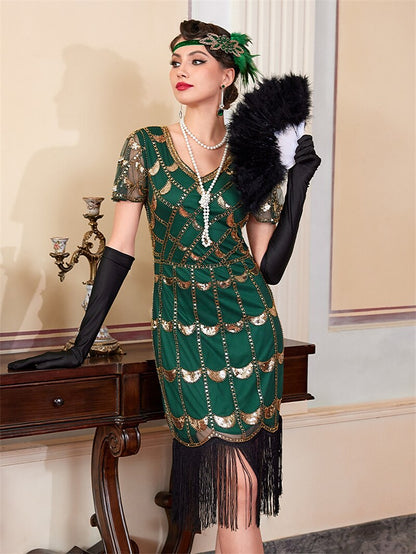 Green Sequin Pattern Flapper Dress