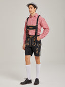 Men's Oktoberfest Lederhosen Costume with Pink Shirt, Hat & Knee Socks Set