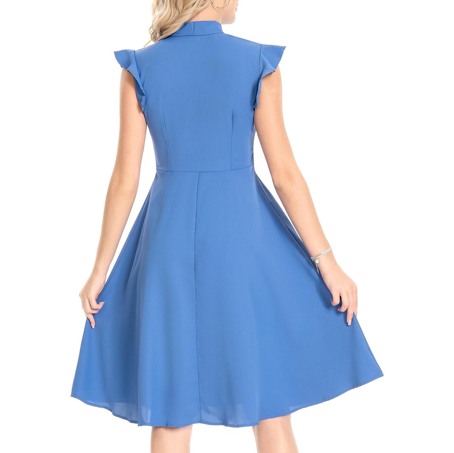 Women's 1950s Bow Tie Neck Ruffle Cap Sleeve Pleated Swing Dress