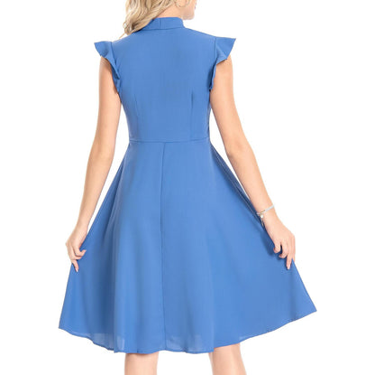 Women's 1950s Bow Tie Neck Ruffle Cap Sleeve Pleated Swing Dress