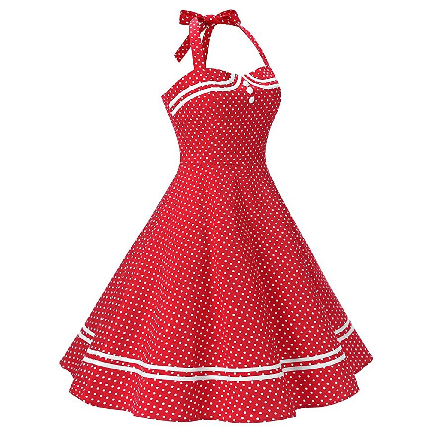 Women's 1950s Red Polka Dot Halter Neck Flare A-Line Dress