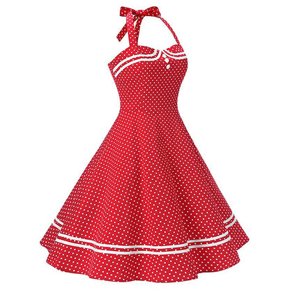Women's 1950s Red Polka Dot Halter Neck Flare A-Line Dress