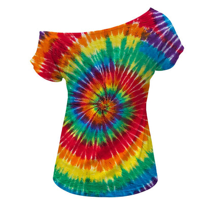 Retro 70s Rainbow Tie Dye One Shoulder Short Sleeves T-shirt