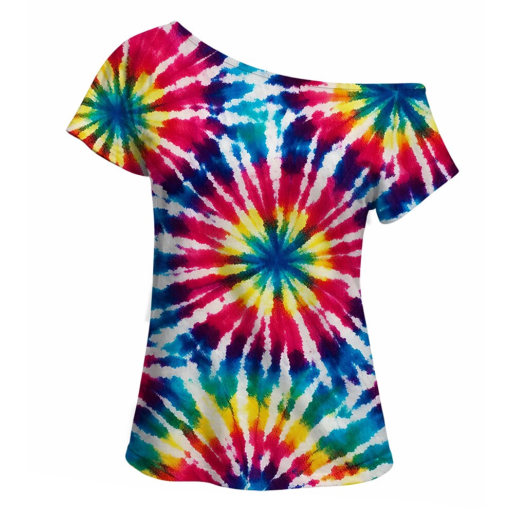 Retro 70s Starburst Tie-Dye One Shoulder Short Sleeves T-shirt