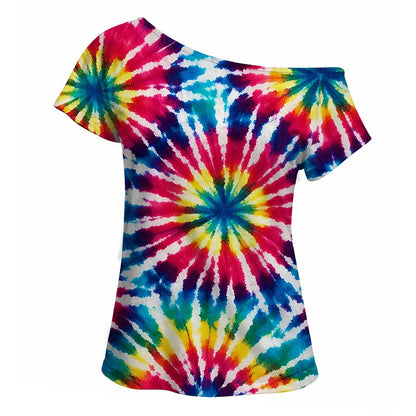Retro 70s Starburst Tie-Dye One Shoulder Short Sleeves T-shirt