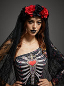 Copricapo da donna gotico in pizzo con rosa e velo scheletro per Halloween