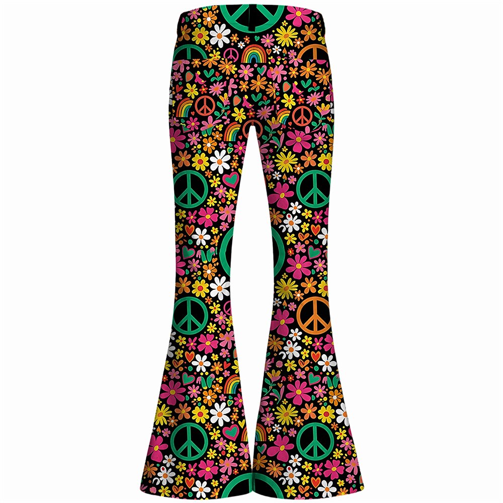 Retro 70s Peace Sign Floral Rainbow High Waist Wide Flared Trousers