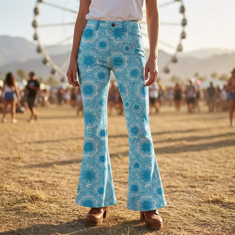 Retro 70s Geometric Floral High Waist Wide Flared Trousers