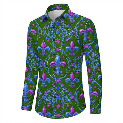 Retro 70S Fleur-de-lis Pattern Long Sleeves Collar Shirt