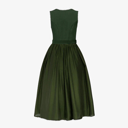 Women's Solid Green Dirndl Dress with Shiny Bow Apron