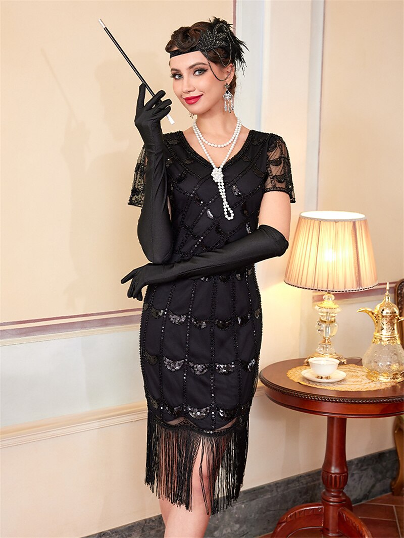 Black Sequin Pattern Flapper Dress