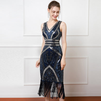 Navy Blue 1920s Sequin Fringe Flapper Dress