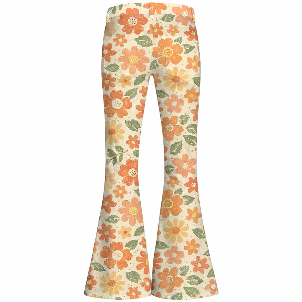 Retro 70s Boho Daisy Floral High Waist Wide Flared Trousers