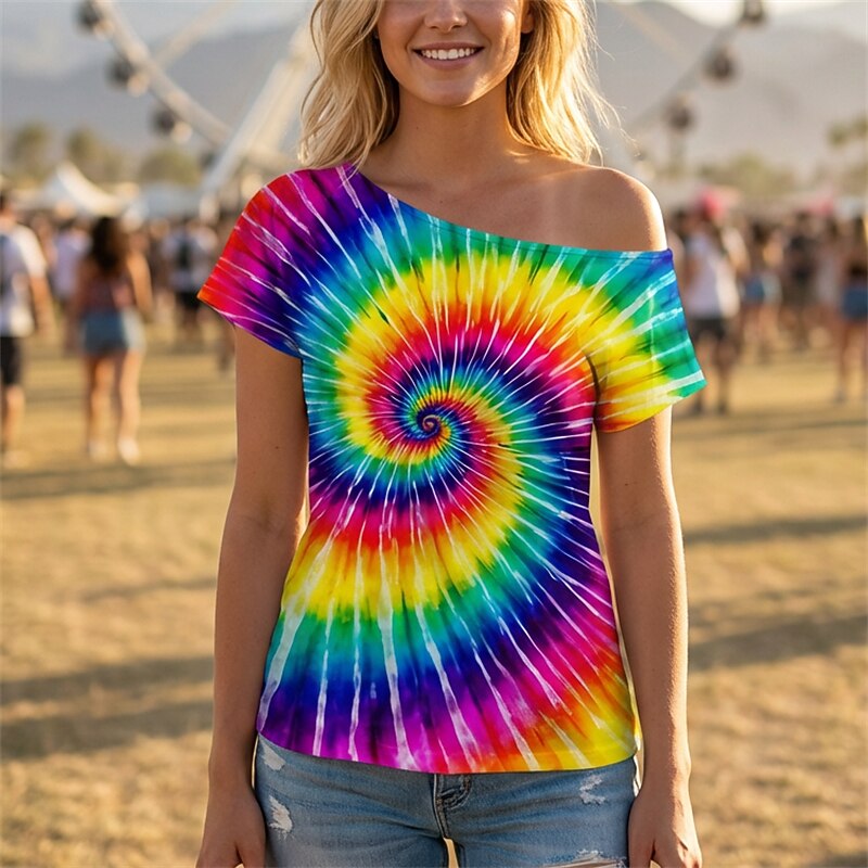 Retro 70s Tie-Dye Swirl One Shoulder Short Sleeves T-shirt