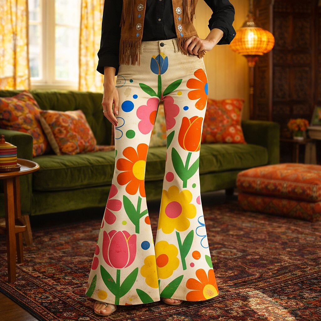 Retro 70s Boho Daisy Floral High Waist Wide Flared Trousers