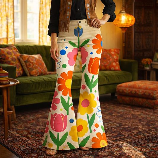 Retro 70s Boho Daisy Floral High Waist Wide Flared Trousers