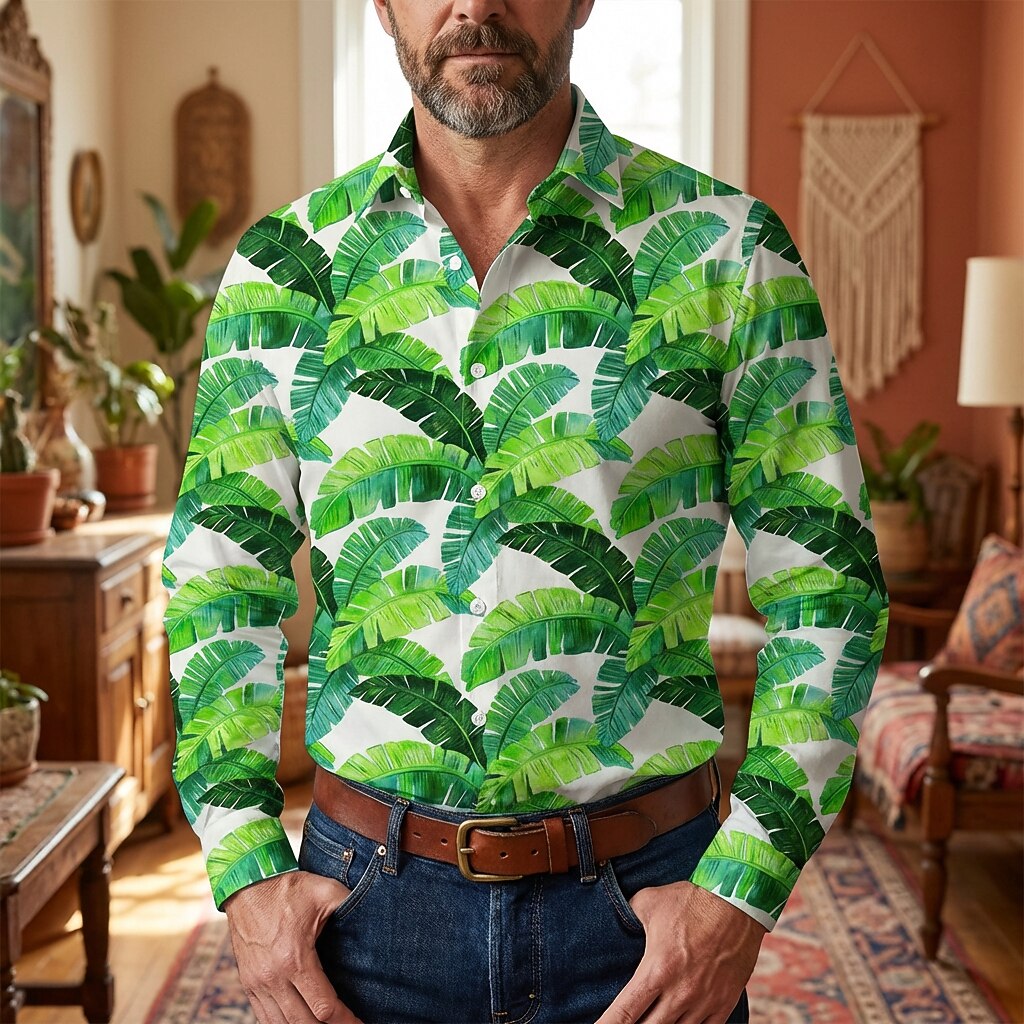 Retro 70S Tropical Banana Leaf Pattern Long Sleeves Collar Shirt