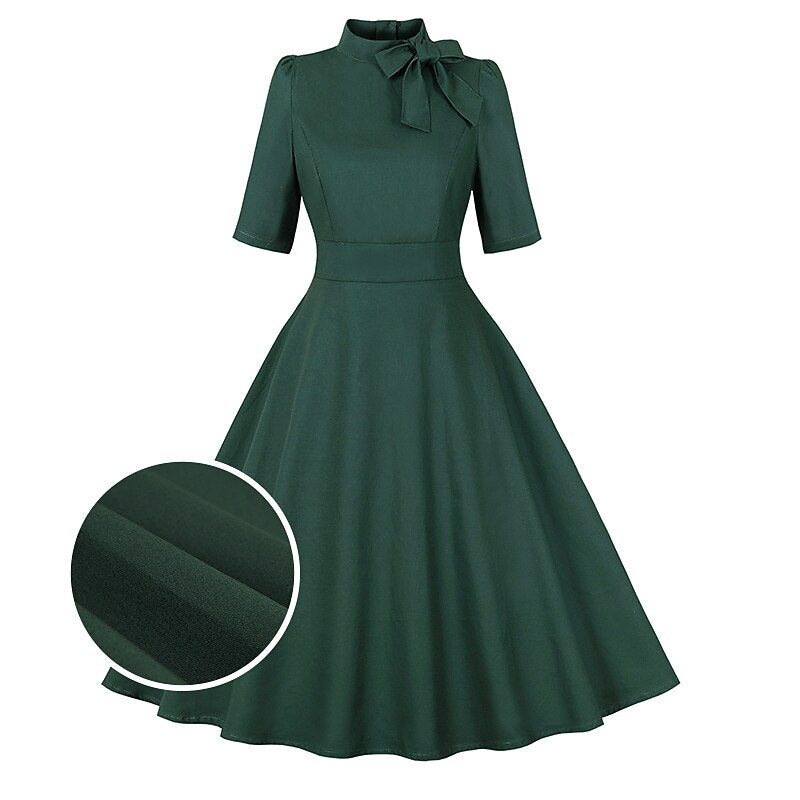 Women's 1950s Solid Green Bow Tie Neck Half Sleeve Swing Dress
