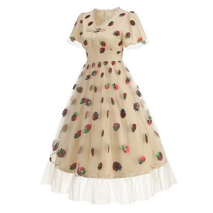 Strawberry Embroidered Mesh Midi Dress