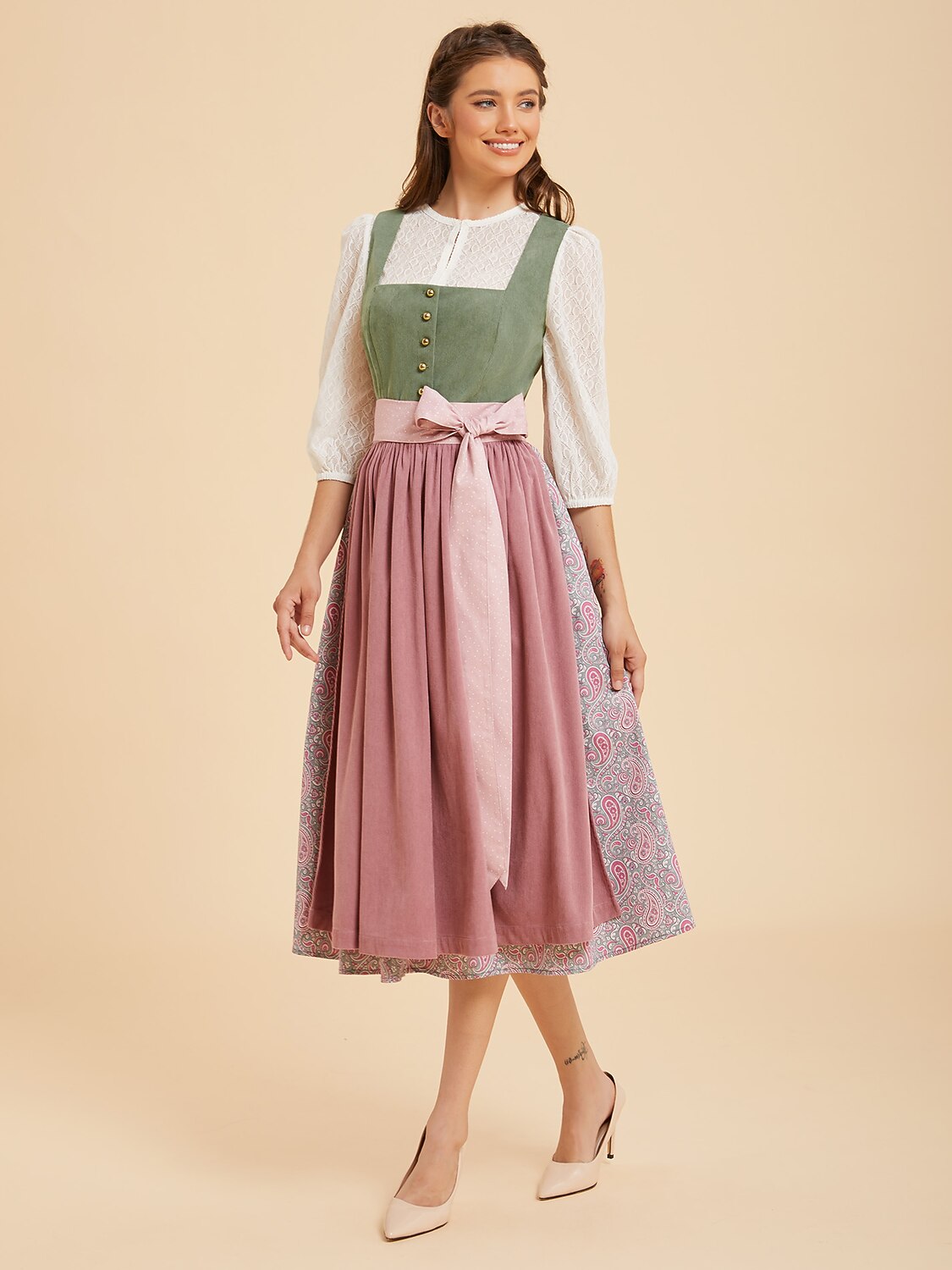 Women’s Oktoberfest Sage Green Midi Dirndl Dress with Dusty Rose Apron