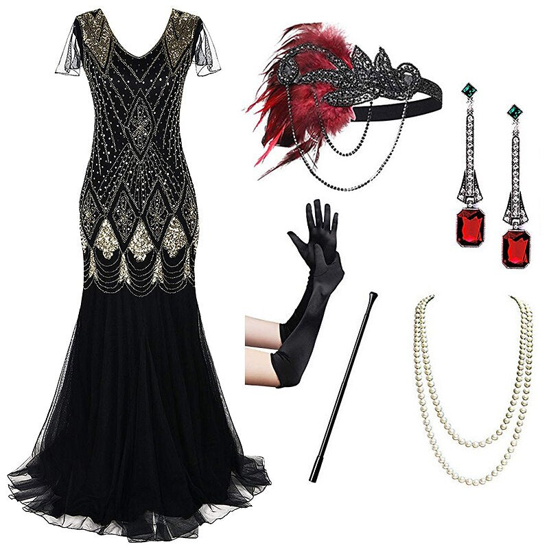Art Deco Beaded Gown with Accessories Set
