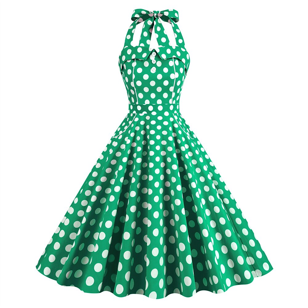 Women's 1950s Polka Dot Halter Neck Swing Dress